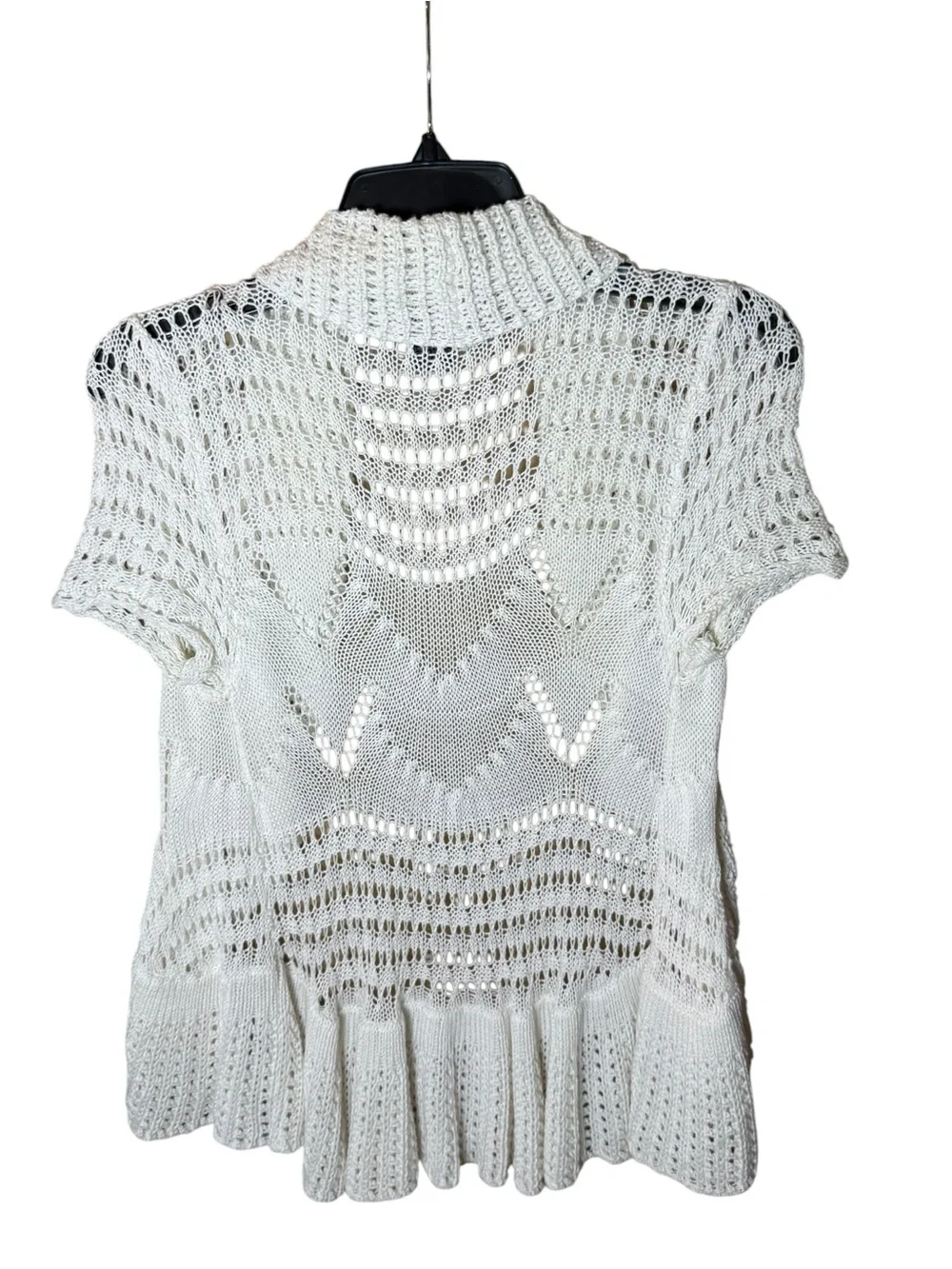 Say What? White Open-Knit Short Sleeve Draped Collar Boho Cardigan Size Small - Picture 5 of 6